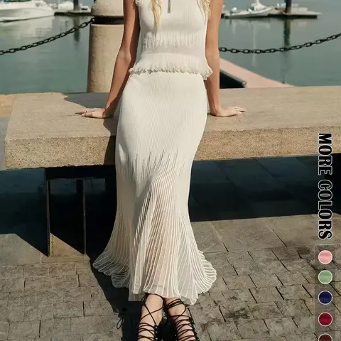Elegant Two-Piece Set, Sleeveless Knitted Fitted Tank Vest & Long Pleated Skirt, Fashionable Chic Slim Fit Design, Womenswear, Clothes, Clothing Sets, Elegance