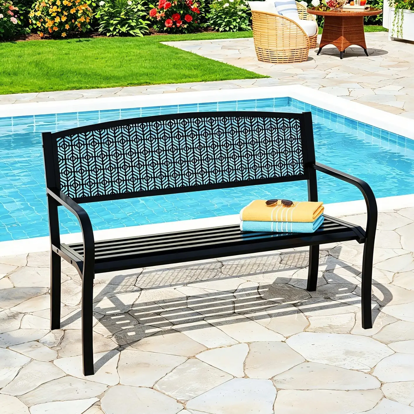 50 in Weather-Resistant Steel Frame Outdoor Patio Furniture Bench - 2-3 People Seat with Decorative Curved Backrest - Ideal for Porch, Yard - Patio Furniture Accessory