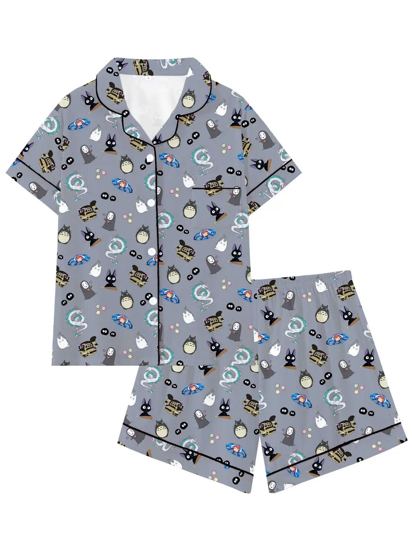 Women's Spirited Away Print Short Sleeve Pajama Set, 2-Piece Casual Sleepwear Loungewear, Slim-Fit Home for Spring & Fall