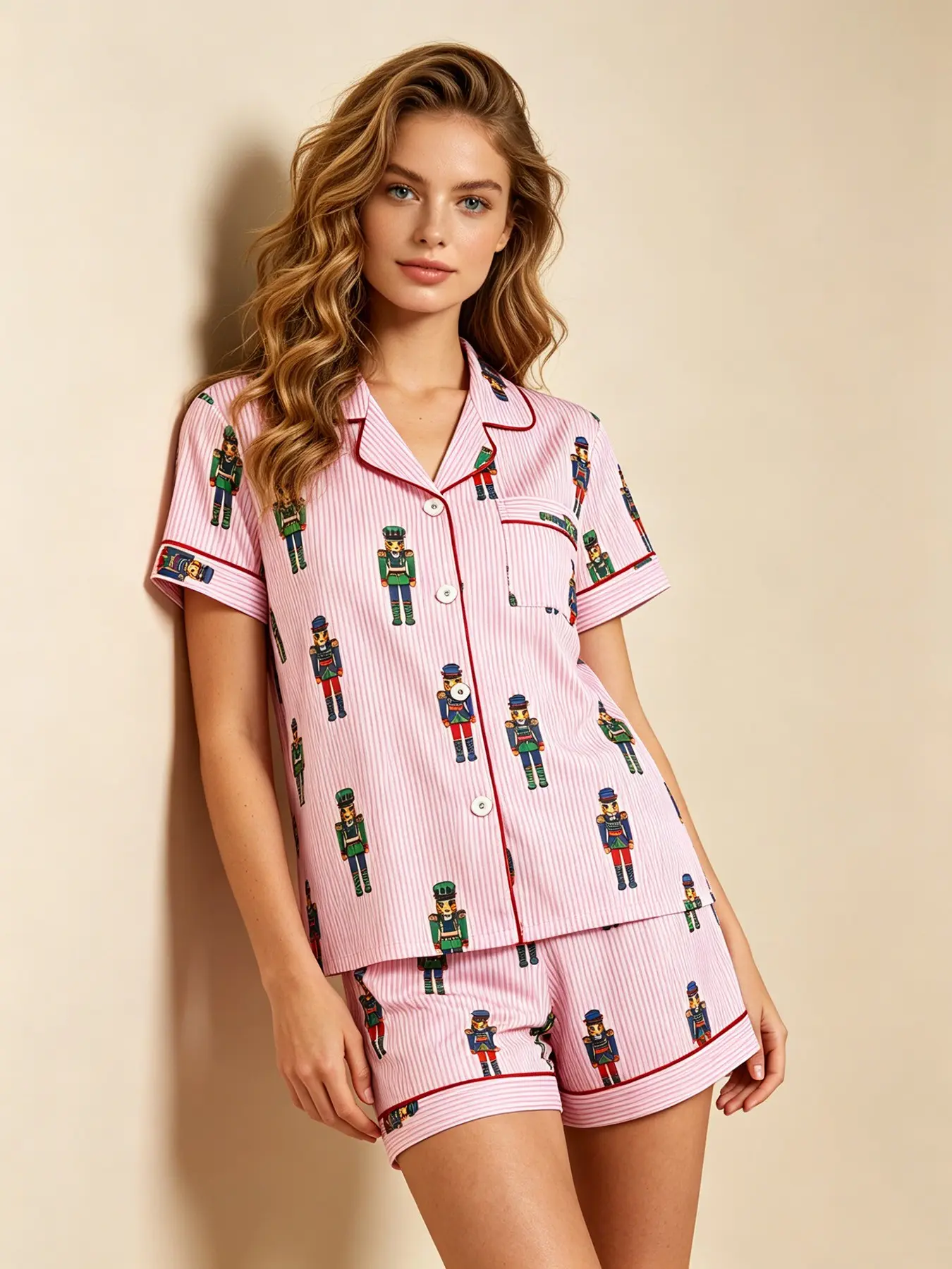 Women's Short Sleeve Button Down Top and Shorts Pajama Set, Pjs, Spring & Summer, Pink Stripe Colorful Nutcracker Soldier Print, Cartoon Pattern Pajamas, Red Contrast Trim, Chest Pocket, Dopamine Retro Style, Loose Fit, For Home & Casual Outdoor