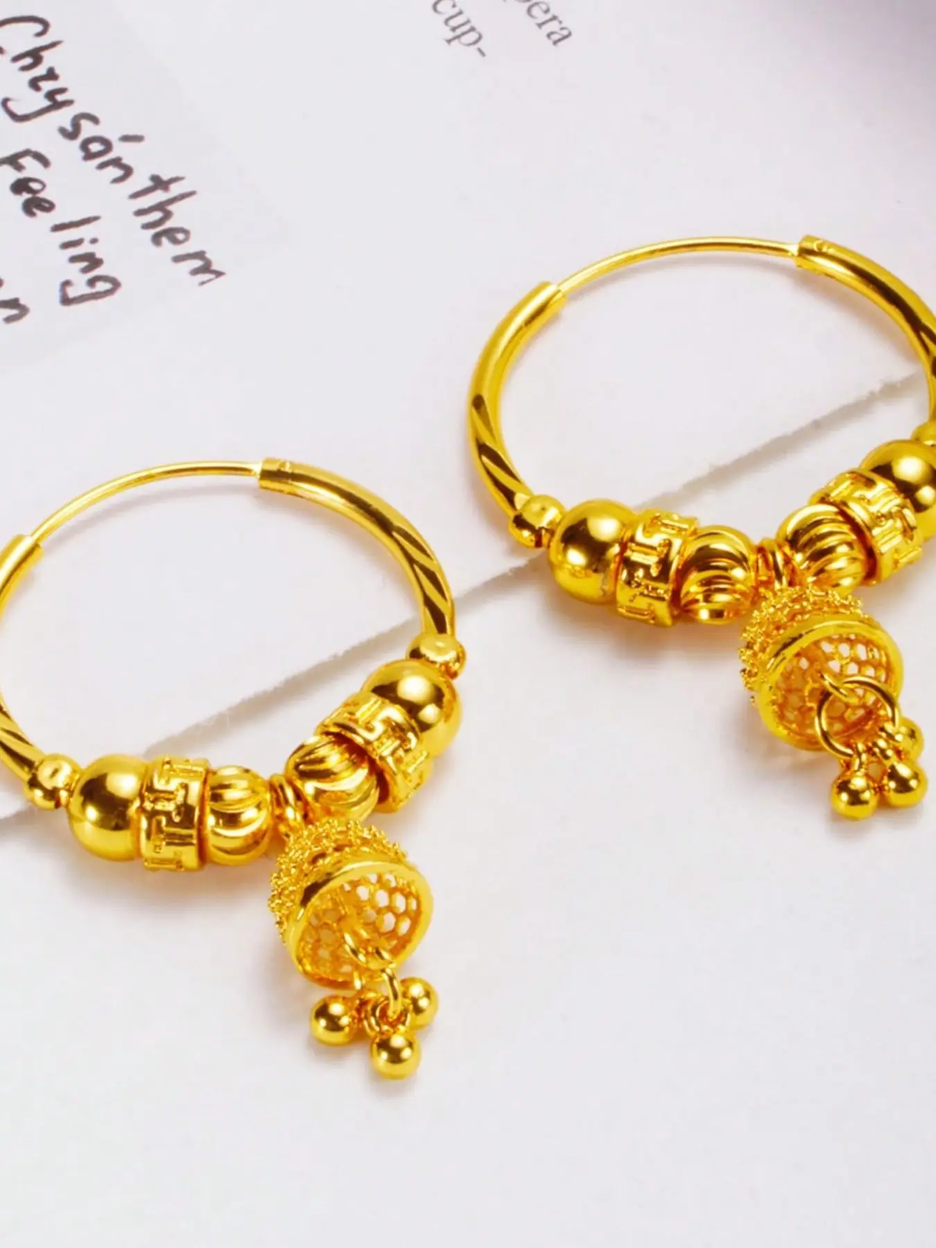 2pcs 24k Luxurious Arabic Style Hoop Dangle Earrings, Vintage Bead Court Design, Elegant Jewelry for Women, Statement Hoops Earrings, Fashion Dangle Earrings, Dangly Earrings, Hoop Earrings Set