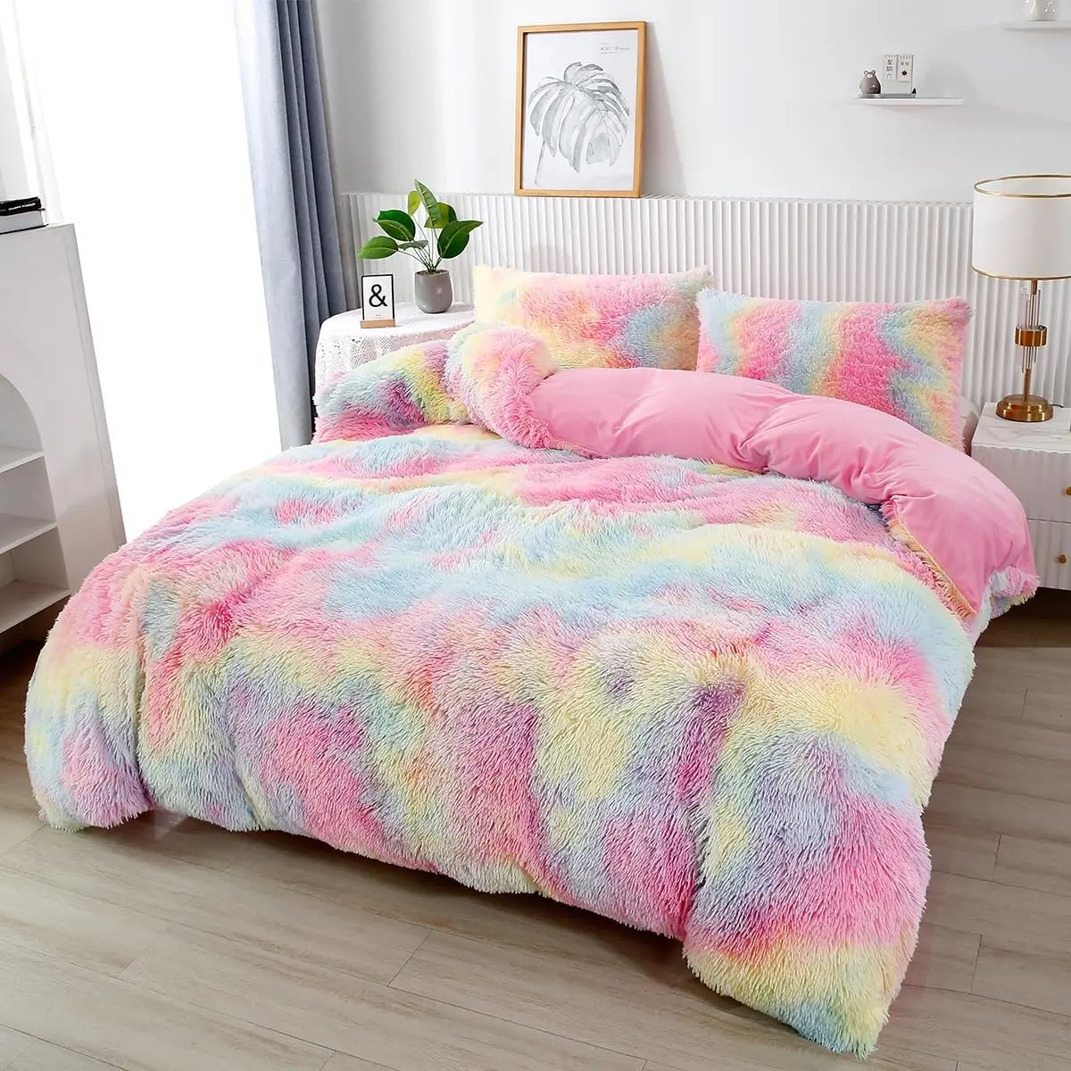 Twin Bed 3-Piece Rainbow Tie Dye Pink Faux Plush Fur Comforter Set for Girls - Fluffy Softness Shaggy Fuzzy Bedding Set (Twin Size)