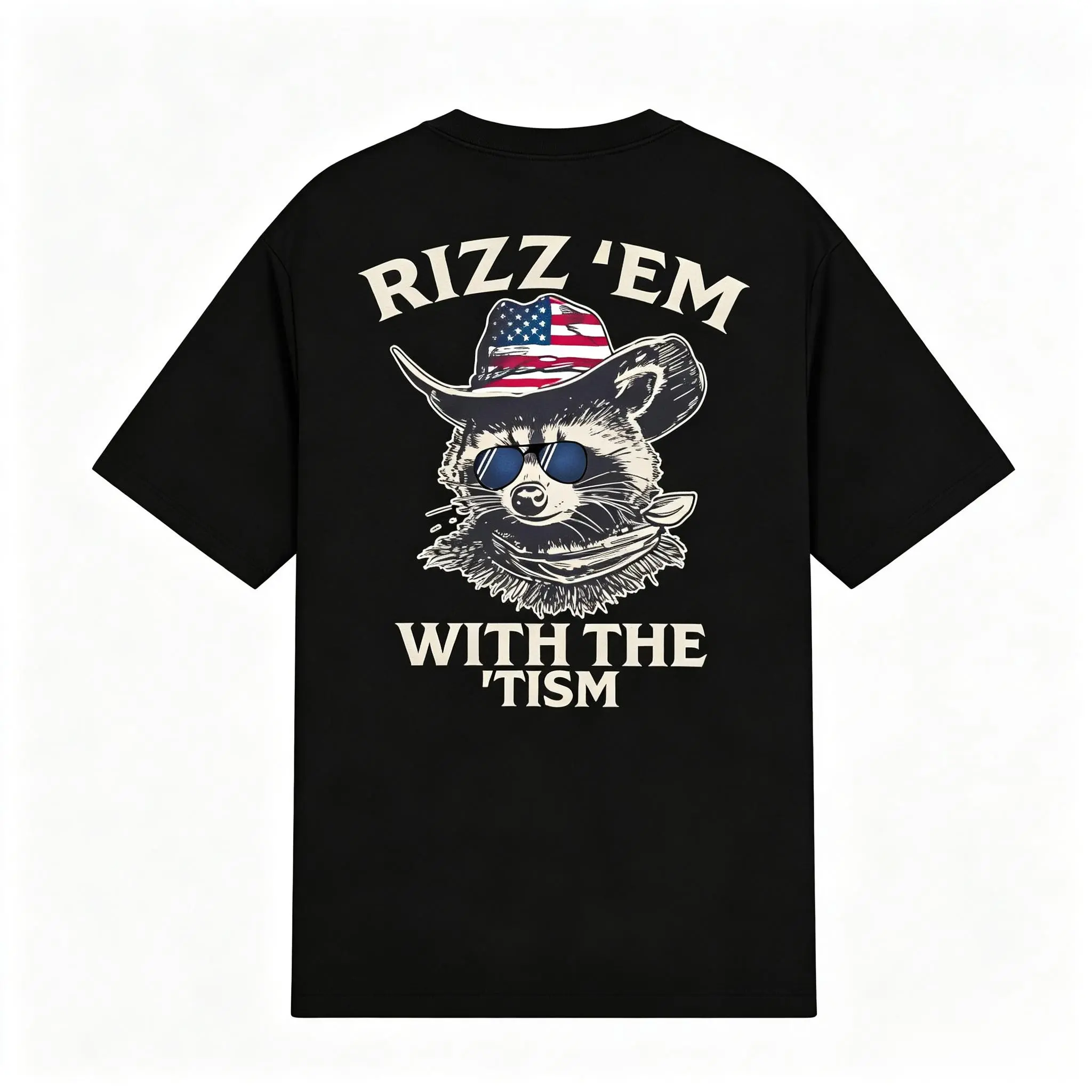 Black Hooded Sweatshirt Featuring Rizz 'Em With The 'Tism Cowboy Raccoon Print - Long Sleeve Pullover for Outdoor Parties, Black-T, Hoodies, Party, Animal Print, Standout Graphic, Outdoor Wear, Longsleeve Cozy, Fun Print, Casual Hoodie Look With Standout
