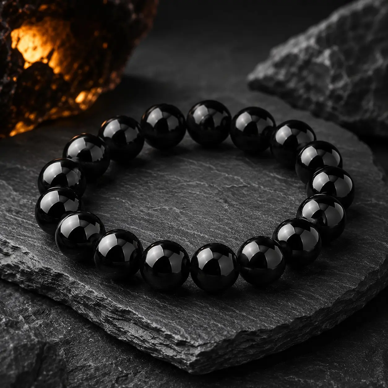 Men’s 12mm Black Obsidian Large-Bead Stretch Bracelet - Bold Minimalist Fashion Accessory, Pairable for Streetwear & Business Casual Outfits, Everyday Wear Jewelry, Streetwear Outfits