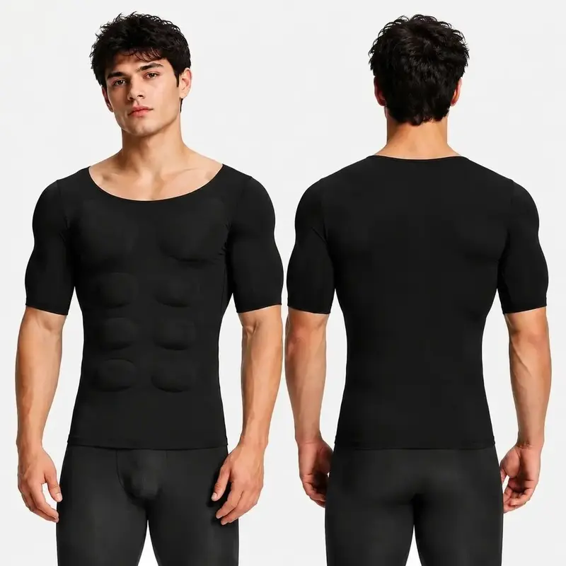 Men’s Short Sleeve Invisible Look Seamless Fit Muscle-Enhancing T-Shirt with Removable Pads, Light Compression, Standard Sizes, Suitable for Everyday Wear, Cosplay, Father’s Day Gift, Fathersday, Male, Padded Butt Briefs, All Seasons, Muscle Enhance, Ligh