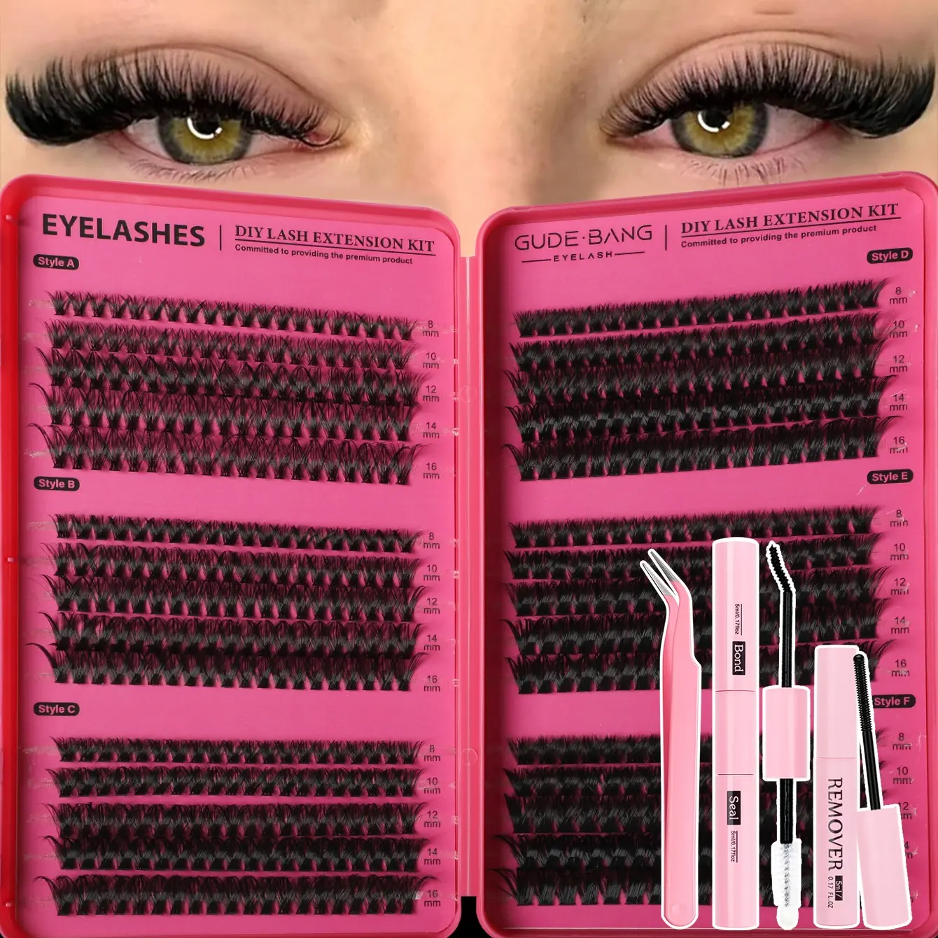Eyelash Extension Kit with Glue, Tweezers, Remover, D Curl Mixed 8-16mm, Home Use, Beginner Friendly, Beauty Lash Tools