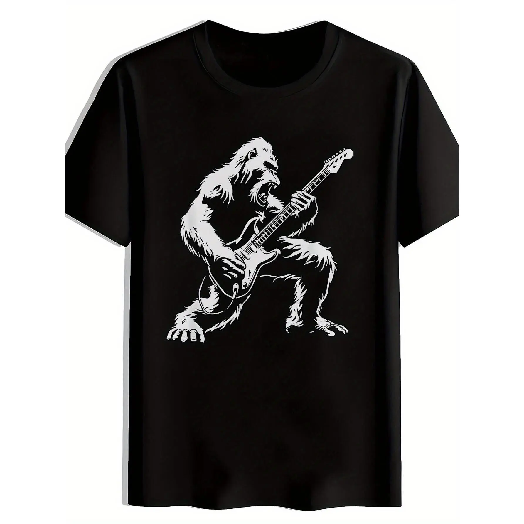 Gorilla Guitar Tee - Men's Classic Thick Breathable Short-Sleeve T-Shirt, Round Neck, Relaxed Fit, Black, Summer Everyday Wear, Gorilla Electric Guitar Graphic Print, Shortsleeve