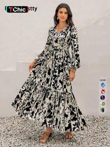women's floral print ruffle hem tie neck a line dress, elegance boho bishop sleeve long dress for spring & fall, women's clothing for daily wear, womenswear, bohemian dresses for women