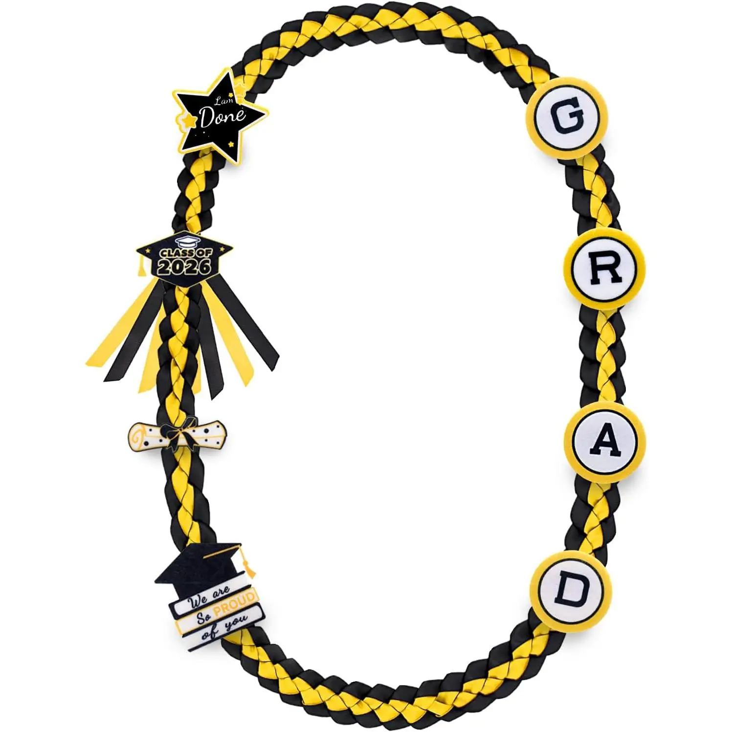 Handmade Double Braided Graduation Leis Class of 2026 Decorations, Graduation Ribbon Leis with Glitter Pins for Him Her High School College Congrats Party Supplies (Black & Gold)