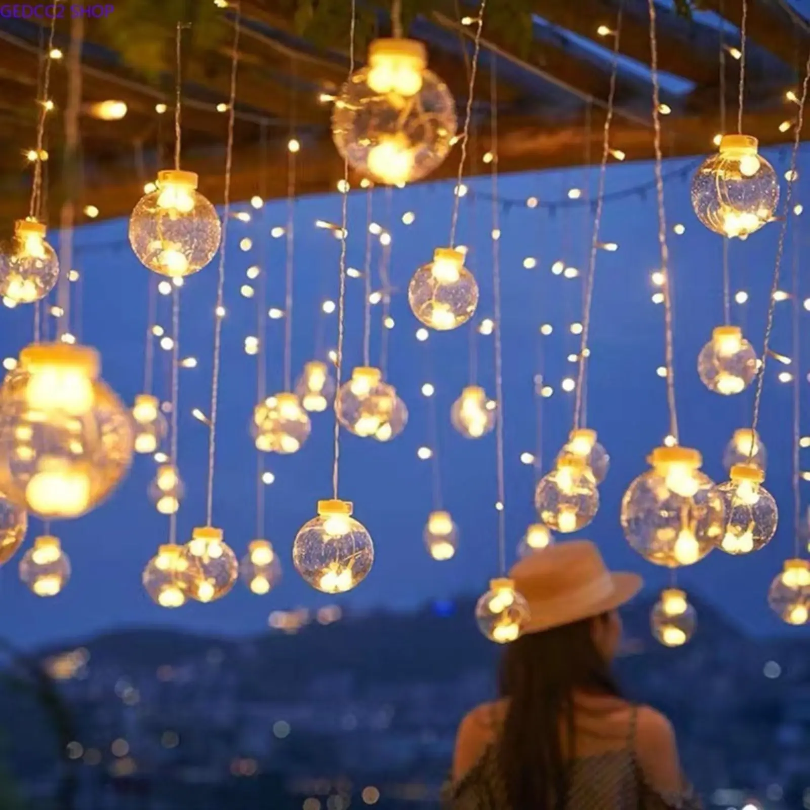 Led Solar Cotton Star-Moon Curtain Lights, Outdoor Fairy String Lights for Garden Use, Camping & Hiking Patio Decoration