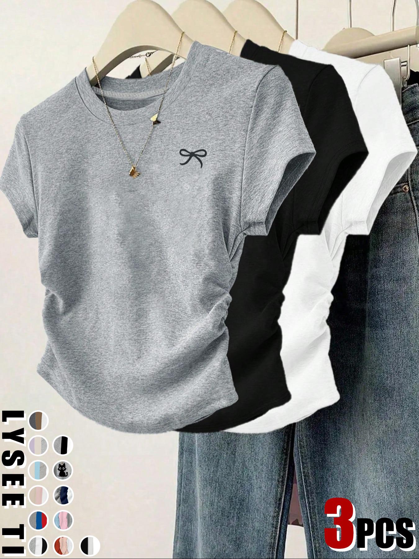 3pcs women's casual fashion slim fit small bow Butterfly print details simple solid color pleated pullover shirt women's round neck short sleeved three piece T-shirt