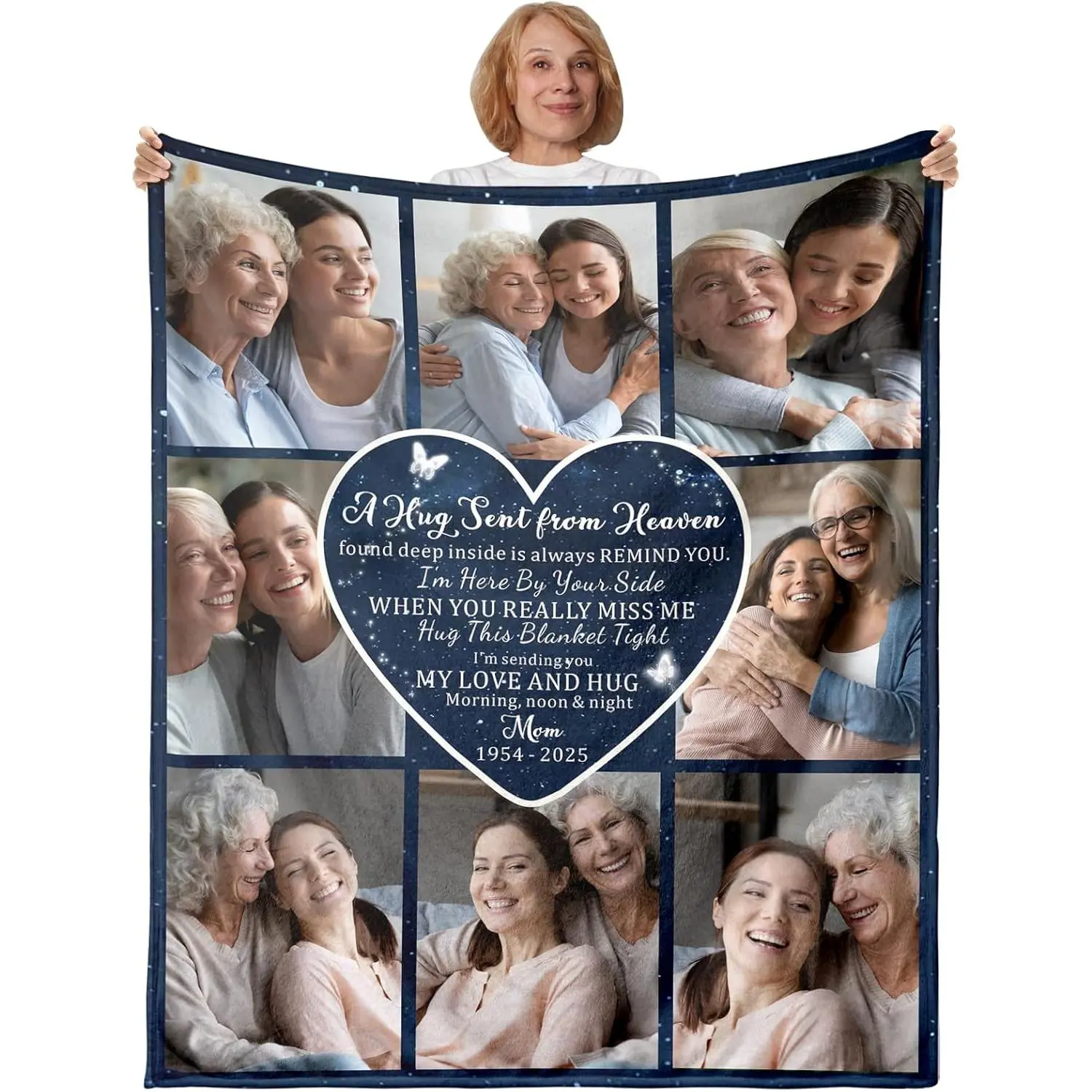 Custom Mom Memorial 9 Photo Flannel Blanket, A Hug From Heaven Personalized Soft Throw, Cozy Warm Sympathy Remembrance Gift for Family, Bereavement Home Decor for Couch Sofa Bed, AC Room Summer Blanket, Loss Of Mother Keepsake Gift