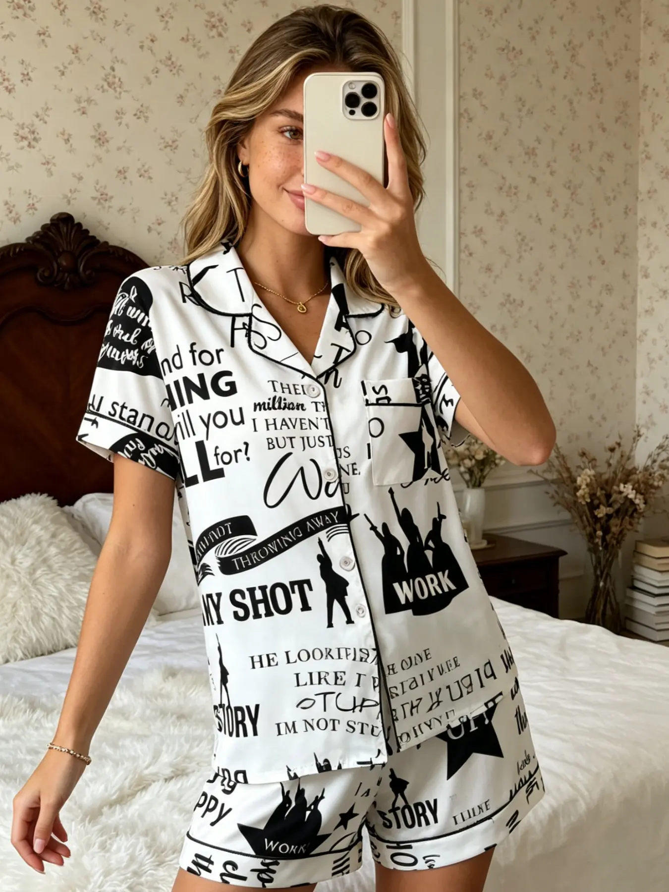 Women's Pajamas Set Pjs Broadway Musical Aesthetic Minimalist Hamilton Fan Hamilton Lover Hamilton Quote Silhouette Print Button Down Short Sleeve Silky Milk Silk Soft Relaxed Fit 2 Piece Chic Nightwear Loungewear Set for Women
