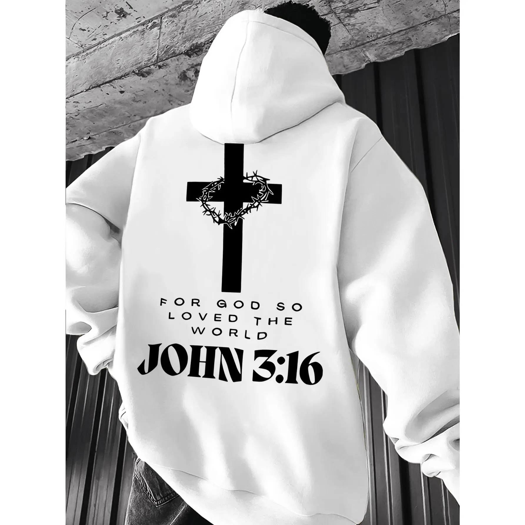 Men's Unisex Oversized Christian Hoodie - Black White 2-Tone Pullover, Thorn Crown Cross, John 3:16 Bible Verse Back Print, Minimal Religious Graphic Streetwear Sweatshirt for Faith Believers Women