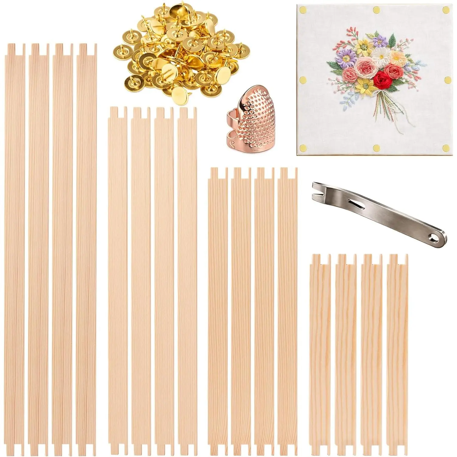 8 Pair (16 pcs) Needlepoint Stretcher Bars Set, Wooden Stretcher Bars for Needlework, 4 Sizes (8, 12, 14, 16 Inch), 60 Thumb Tacks, Tack Remover & Metal Thimble