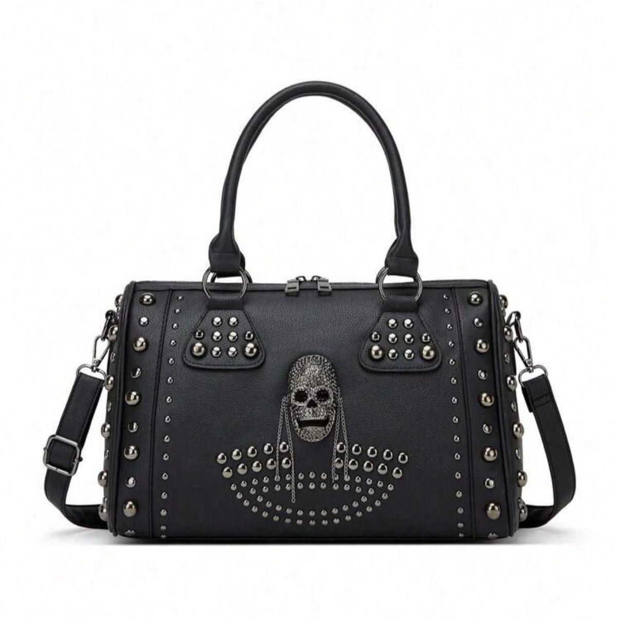 New Design Metal Rivet Skull Head Punk Rock Crossbody Bag, Boston Bag, Studded Women Large Capacity Handbag, Halloween Bag,  Shoulder Messenger Bag Retro Fashionable Rivet Skull Tote Bag  Perfect for Fancy Party Daily Outgoing