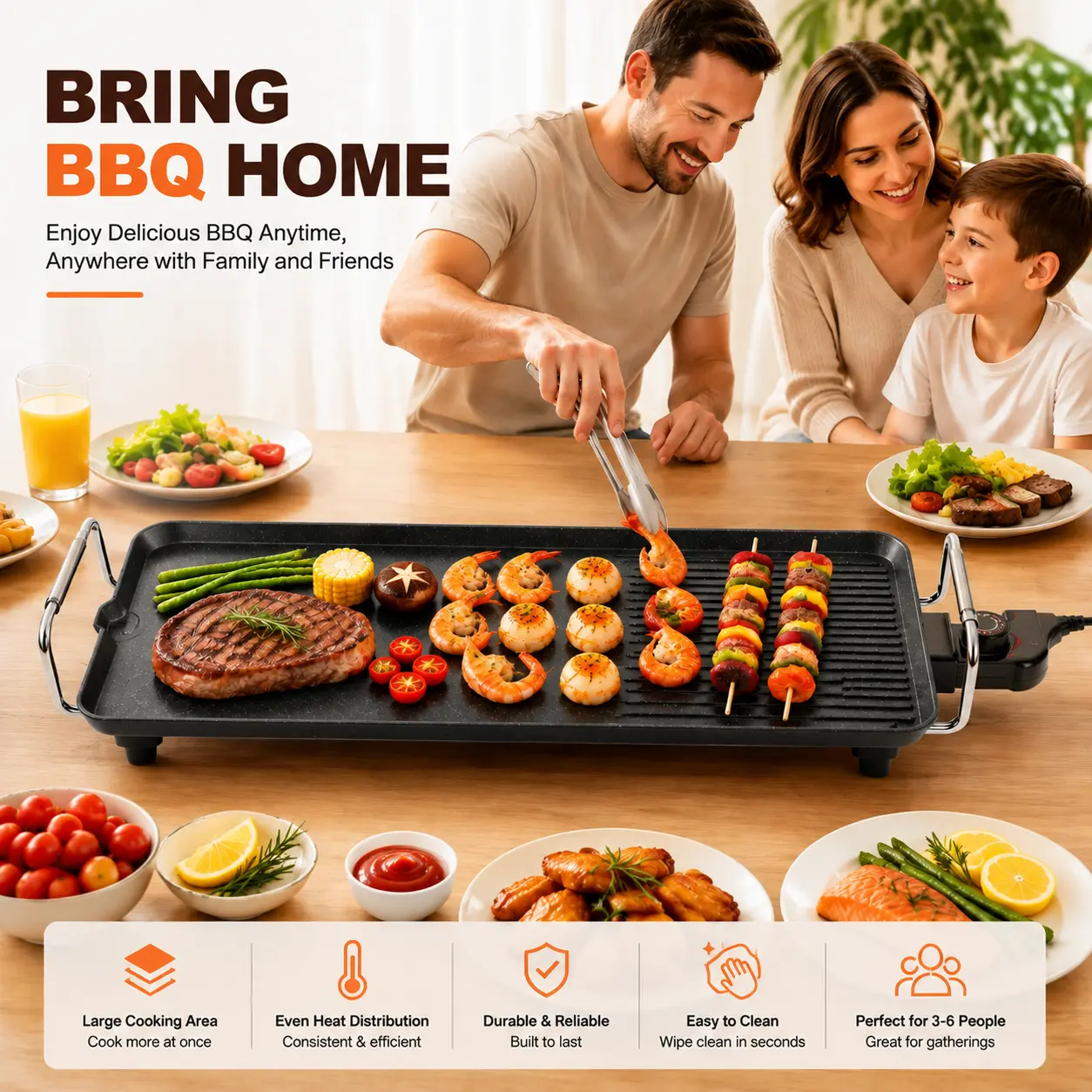 1500W Electric BBQ Griddle - Aluminum Alloy Non-Stick Rectangular Medium-Large US Standard Portable Table Top Grill for Indoor, Outdoor Camping Cook Use - 4693