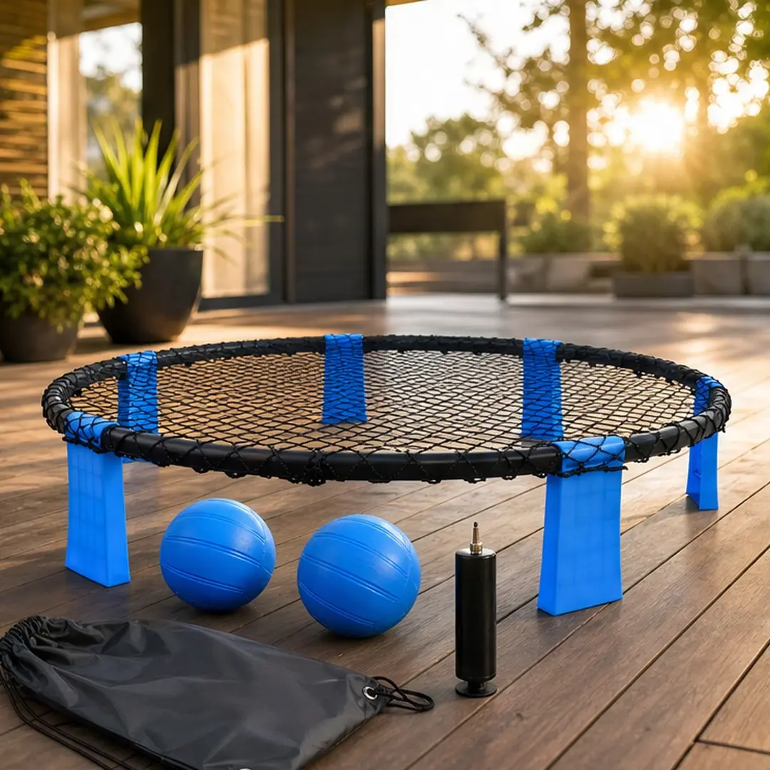 ARCH Outdoor Roundnet Game Set - Plastic, Blue/Yellow, 2 Balls, Sturdy Net, Carry Bag, Rules, 21.65l x4.33w x7.48h in, 36.00w x36.00d x8.00h in, Fast Rallies, Portable Design, Quick Setup, Beach, Backyard Gatherings, Lawn Tetherball Game, Control, 36.00 W