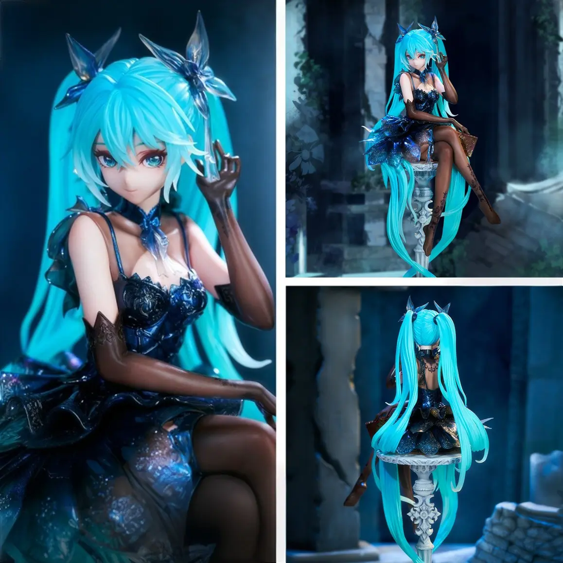 Hatsune Miku Crystal Blue Dress Figure, 21cm Tall, European High Chair, Transparent Ice Crystal Gown, Twin Ponytail, Desktop Anime Girl Ornament Gift