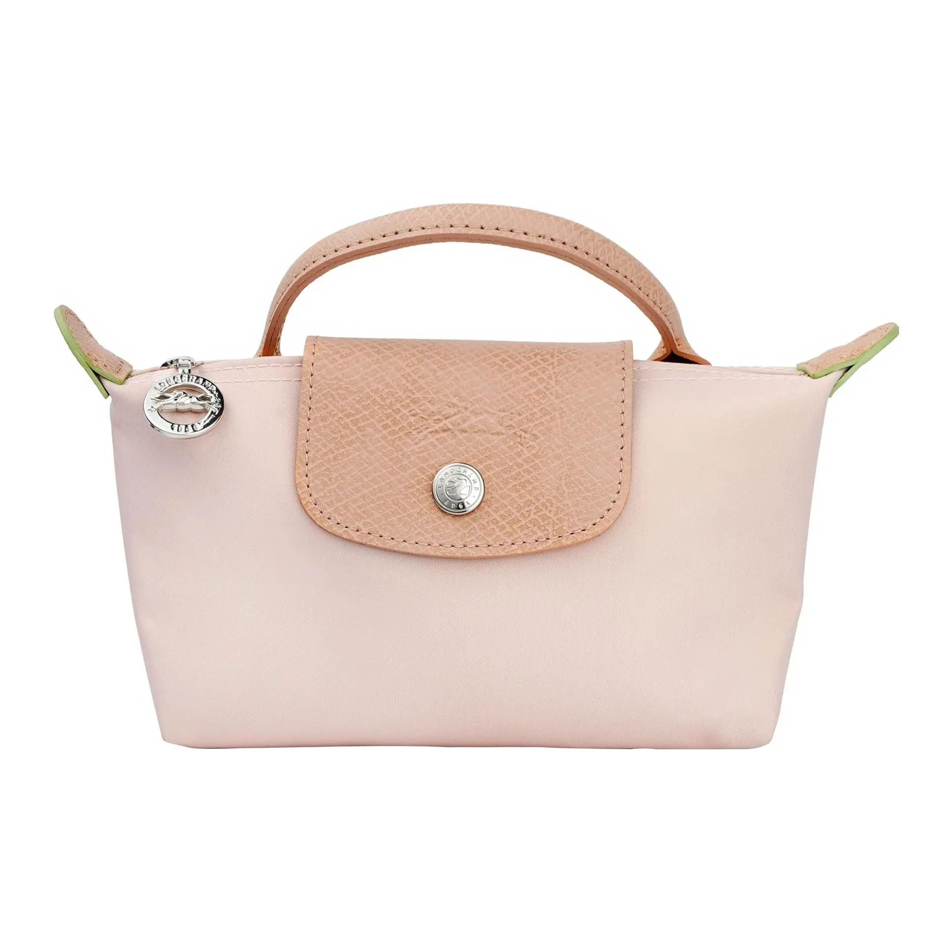 Women's Longchamp Le Pliage 17-Inch Canvas Tote Bag, Zip-and-Snap Closure, Green and Sakura Pink Design