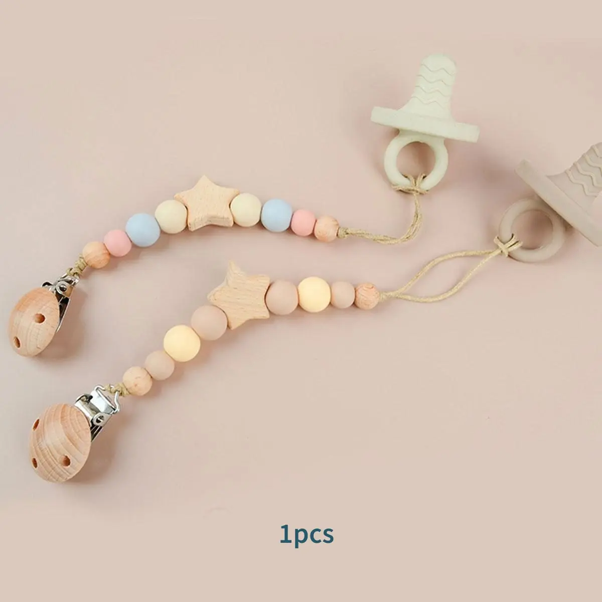 Baby Pacifier Clip Silicone Beads Wooden Star Soother Holder, Newborn Infant Multi Color Baby Accessory, Pacifier Not Included, Durable Design