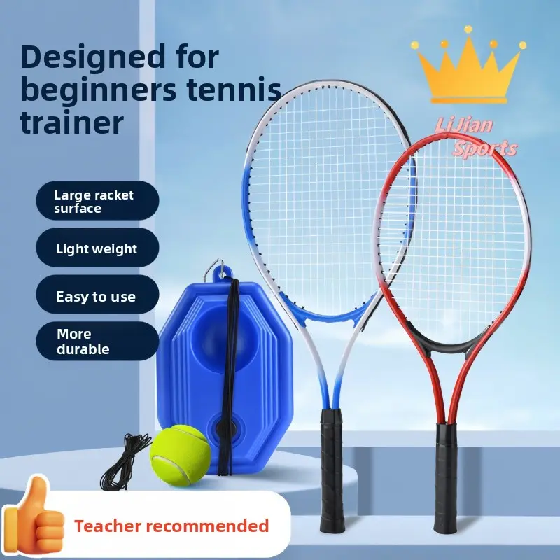 Red Tennis Wire Rebound Trainer Set [Racket + 1 Rebound Ball + Base] for Beginners, Artificial Leather-Polyester, Individual Outdoor Practice Equipment for Children
