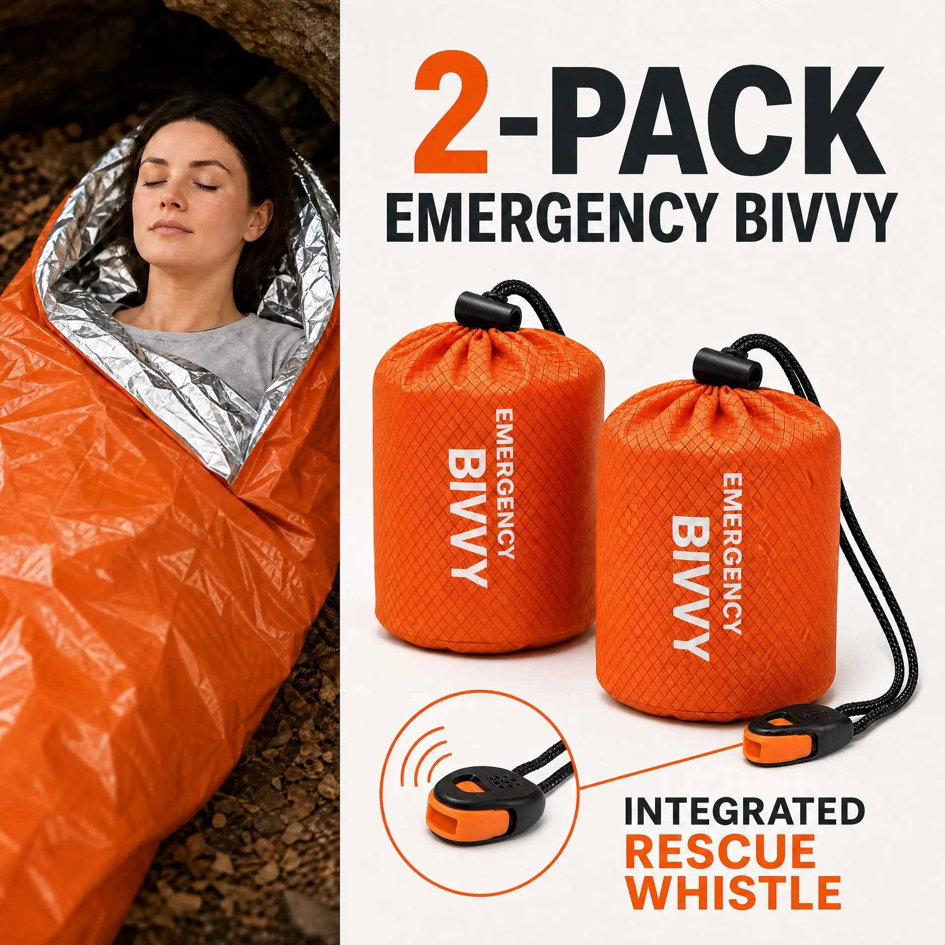 2-Pack Emergency Sleeping Bags with Whistle Drawstring, Pe Thermal Survival Sleeping Bags, Lightweight Heat-Reflective Shelter for Camping, Hiking, Backpacking