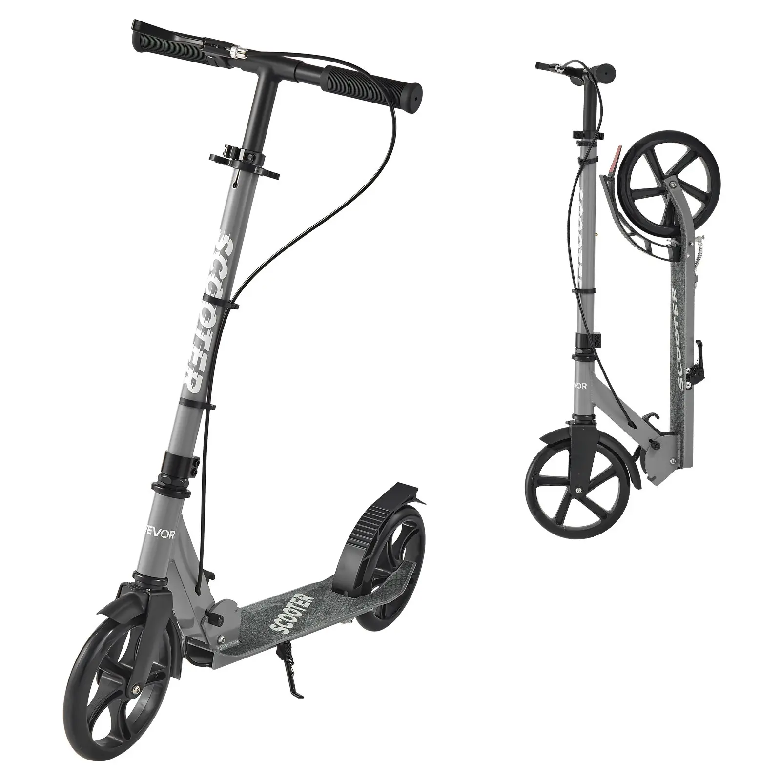 VEVOR Folding Kick Scooter for Kids Ages 8+, Adults - Portable Scooters, Adjustable Bar, Aluminum Alloy Foldable Frame, Wide Anti-Slip Deck, PU Wheels, 220 lbs Capacity, Gray, Shock Absorption, Lean-to-Turn Steering, Safe Ride, Kids Outdoor Play