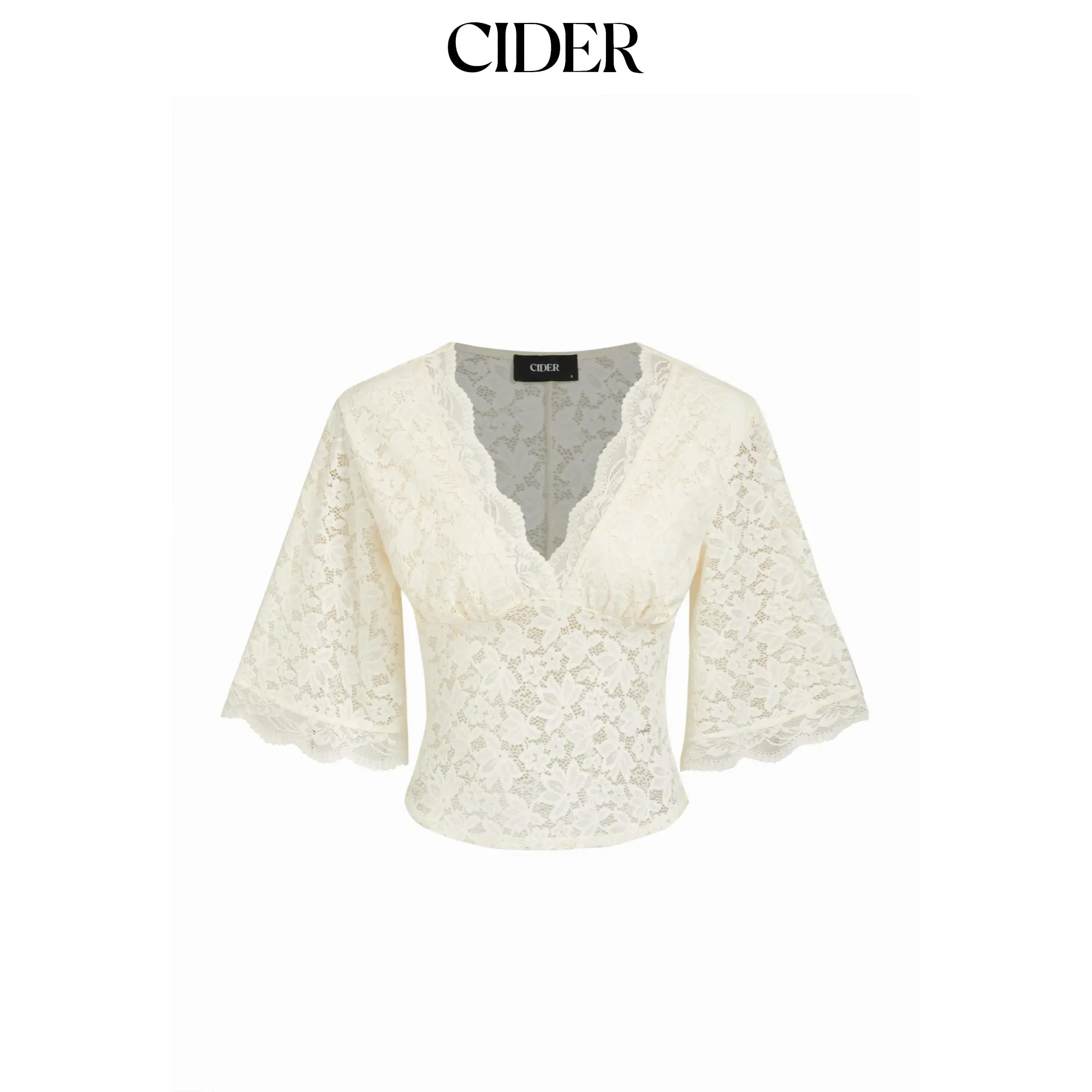 Cider V-Neck Guipure Lace Bell Sleeve Cropped Top