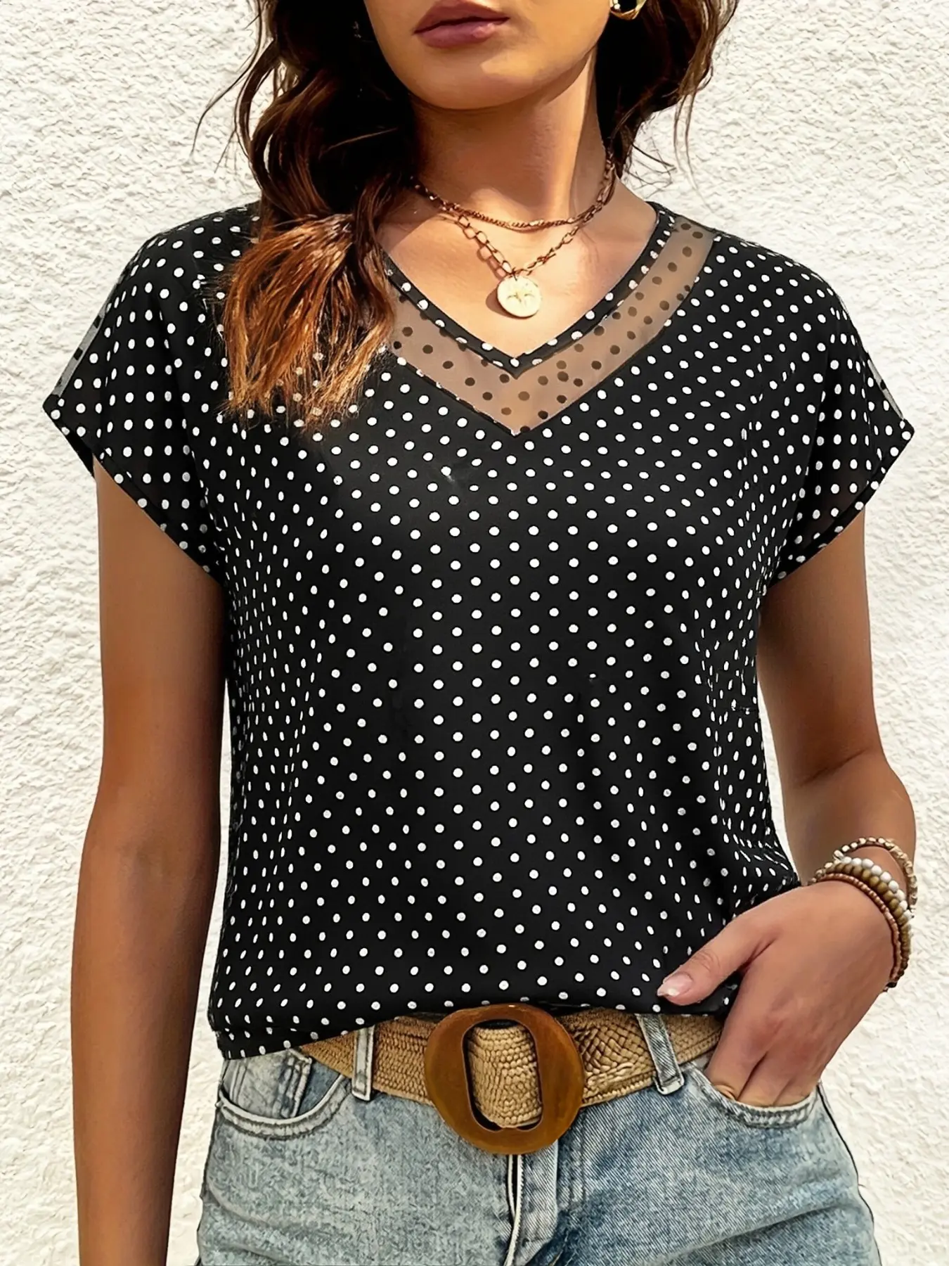 Elegant Women's Polka Dot V-Neck Shirt, Transparent Mesh Detail, Short Sleeve, Perfect for Vacation, Office, Daily Wear