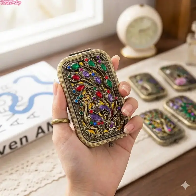 (SummerWins)Vintage Royalcore Ornate Embossed Metal Foldable Makeup Mirror - A Peacock Spreading Its Tail Design, 1X/2X Magnified Flip-Up Lens, Portable Travel Hand Mirror, Retro Victorian Gift for Her