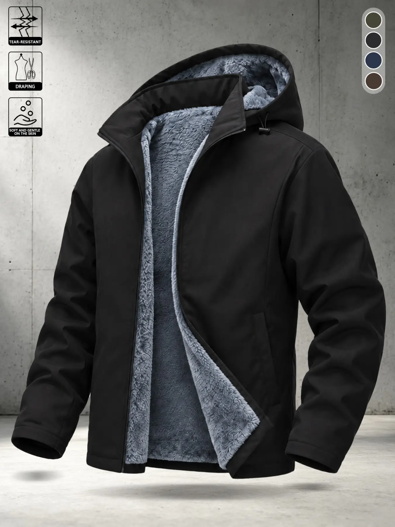 Men's Thick Long Flannel Lined Hoodie Jacket, Winter Warm Fleece Zipper Cold Weather Coat, Casual Loose-Fitting Flying Jacket
