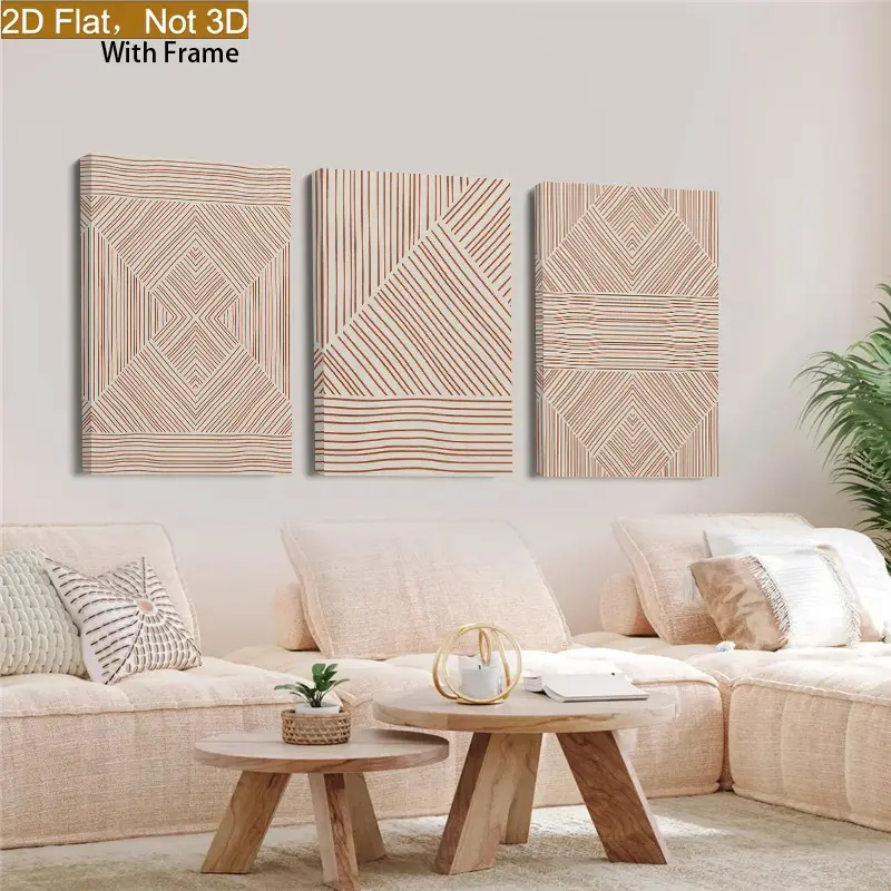 Canvas Wall Art Set Of 3, 2D Flat Modern Abstract Line Art Hanging Decor, Minimalist Geometric Stripe Wrapped Canvas Print, Light Luxury Art Mural, Wall Decor For Sofa Background, Entryway, Dining Room, Bedroom, Perfect Holiday Home Decoration Gift