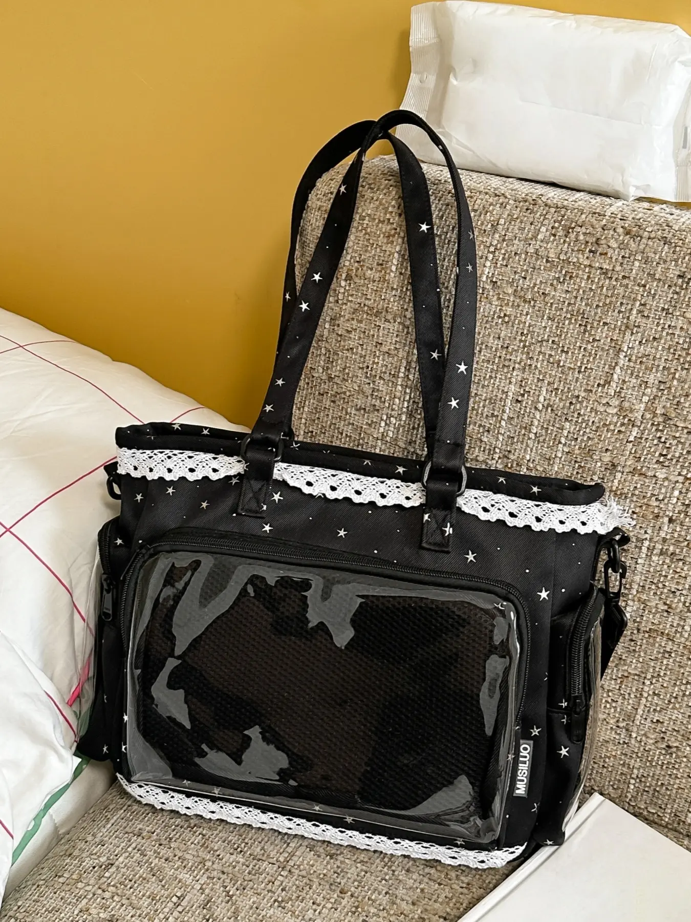 Small fresh star printed ita bag, with white lace pearl trim transparent window tote bag, detachable crossbody strap multi-pocket large capacity cute sweet shoulder bag, Fashionable Unique Casual Bags