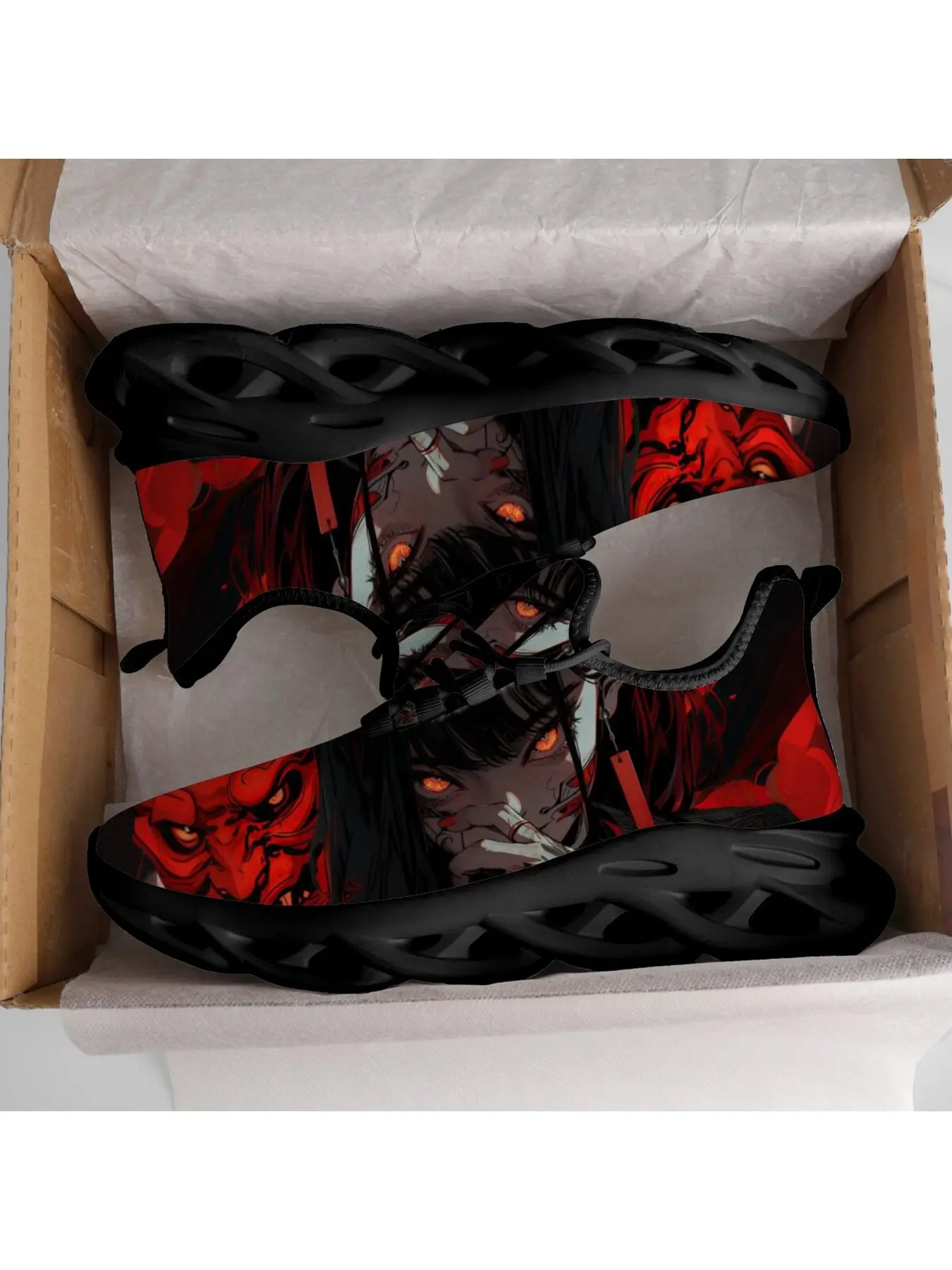 Unisex Adult Shoes Dark Red East Asian Oni Mask Anime Figure Chunky Sneakers, Breathable Mesh Hollow Cutout Sole Walking Footwear, Retro Anime Art Dark Aesthetic Pattern Harajuku Punk Streetwear Sports Shoes