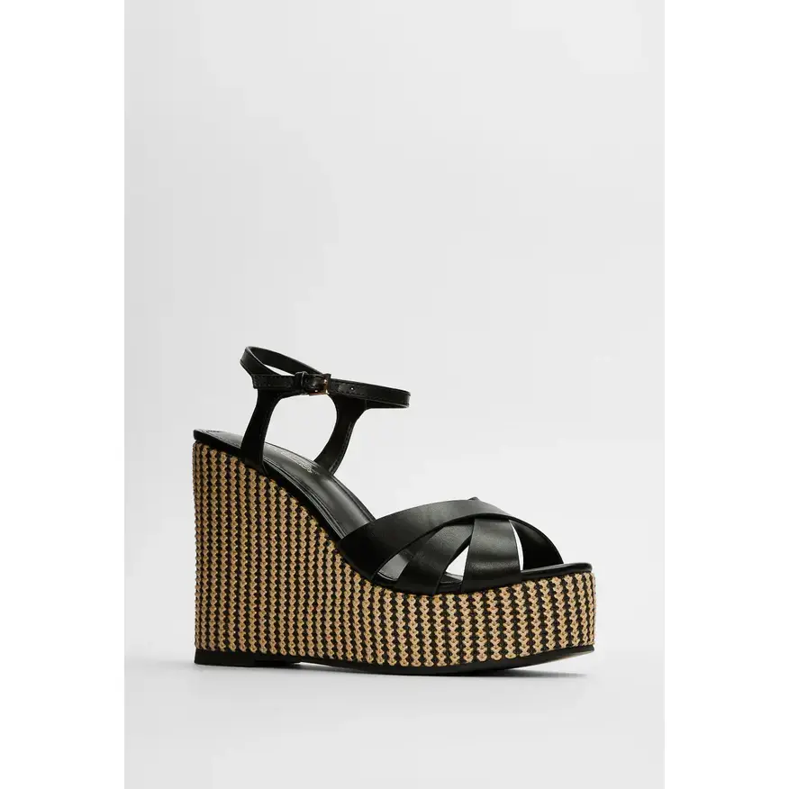 JUST FAB Women's Platform Wedge Sandals, Crisscross Eco Leather Open Toe Espadrille Heels with Adjustable Ankle Strap, 5" Woven Wedge
