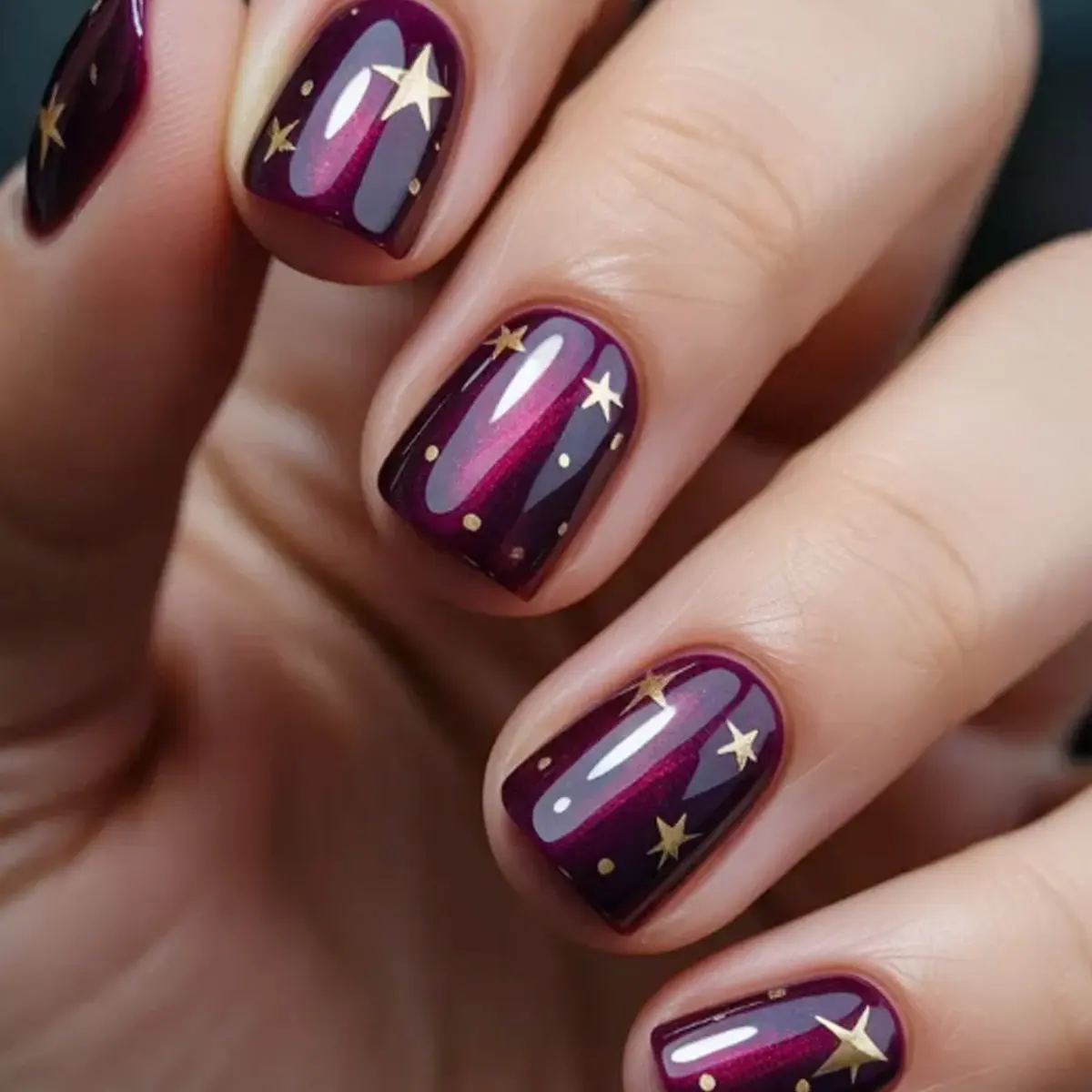 Purple Cat Eye Pressed Nails Kit - Short Square Style with Star Accents, Polka Dot Details, Reusable Nails for Daily Wear (Fashion Accessories), Reusable Kit