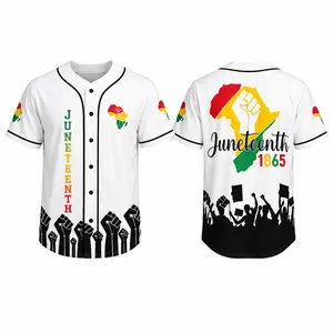 Juneteenth 1865 Baseball Jersey for Men & Women, Lightweight Button Up Shirt with Raised Fist, Africa Map, Freedom Celebration & Crowd Silhouette Graphic Print, Summer Cookout Parade Streetwear Top