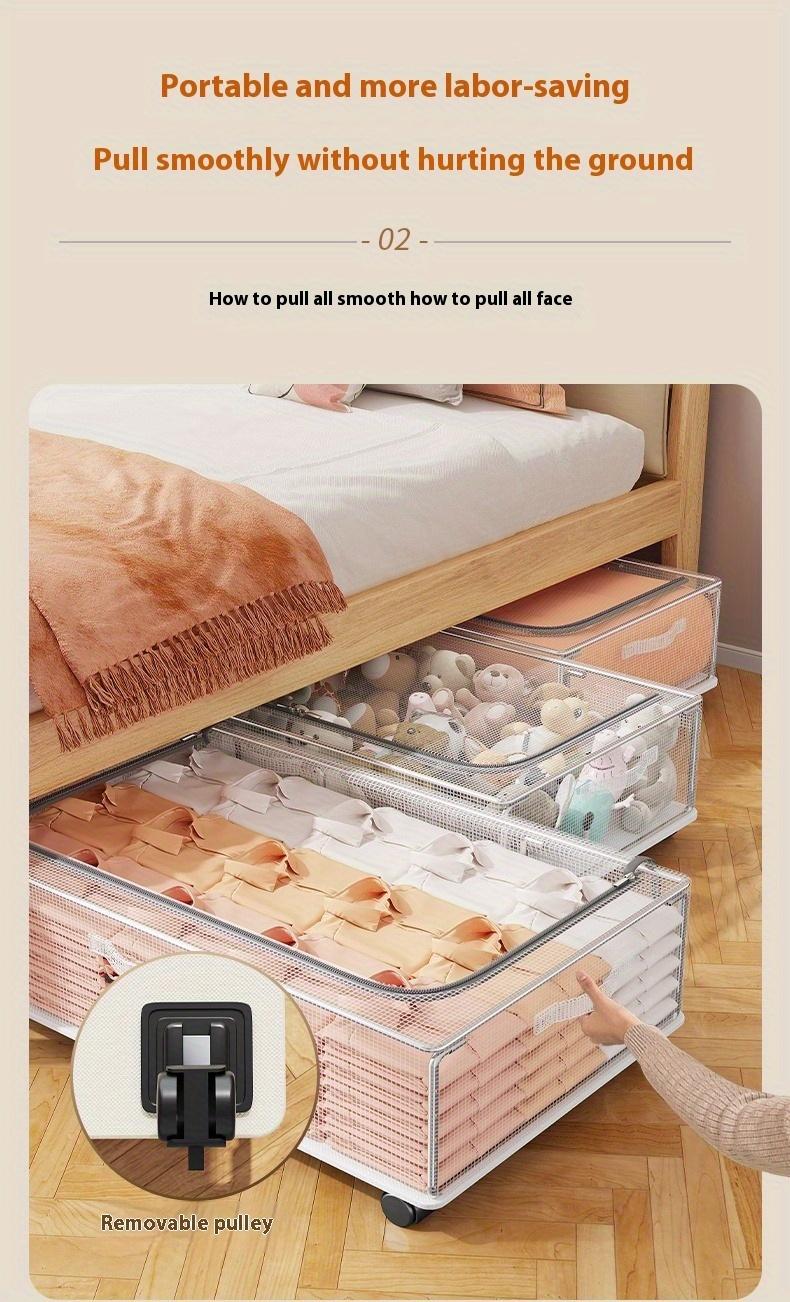 2pcs movable under-bed storage box with wheels, with cover, better storage items, wardrobe, bedroom, living room space-saving home box, bedroom clothes blanket storage box, under-bed storage drawer box., Under-Bed Storage