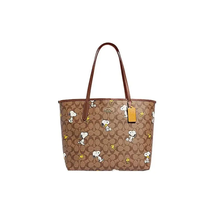 Coach x Peanuts Snoopy Dempsey 33 Tote Bag for Women, Classic Monogram Style, Brown