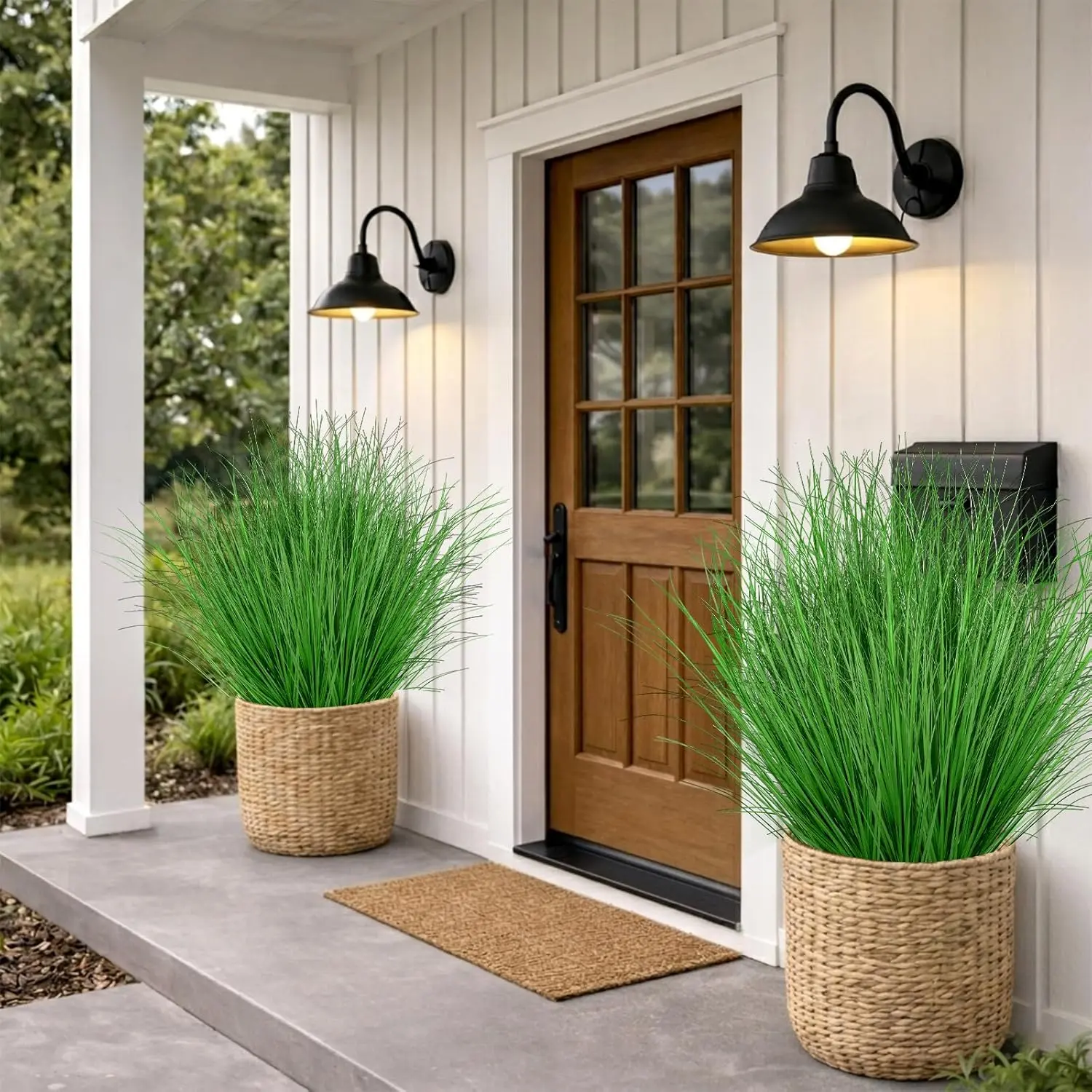 24Pcs Artificial Plants Outdoor, 21" Fake Shrubs Wheat Grass, Greenery Stems Onion Grass, UV Resistant Faux Tall Grass Plants for Garden Porch Window Box Indoor Home Decor (Green)