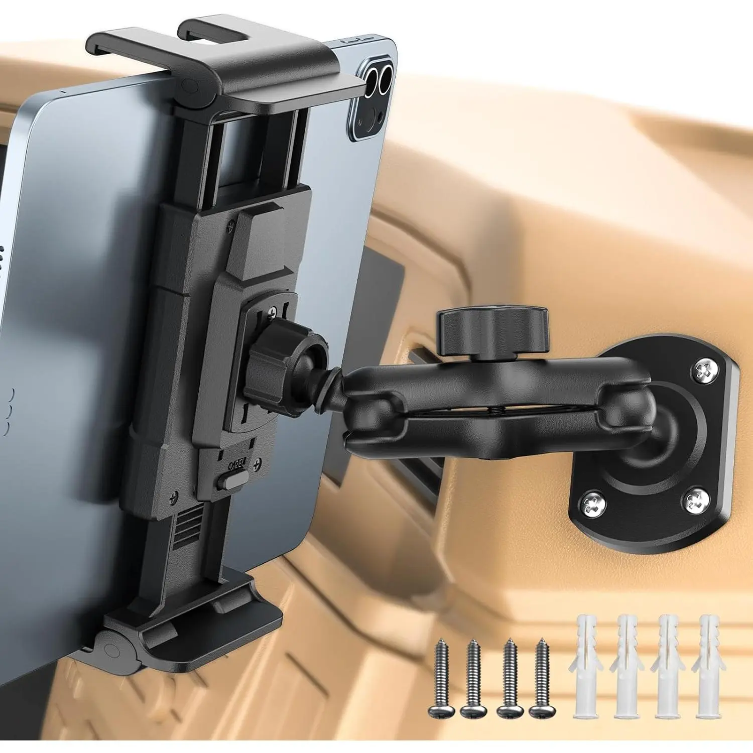 Heavy Duty Dashboard Tablet Mount with Drill Base, 360° Rotating Solid Molded Synthetic Arm, Compatible with 5-13" Tablets, Phones & Kindle, Ideal for Car Interior, Wall Use