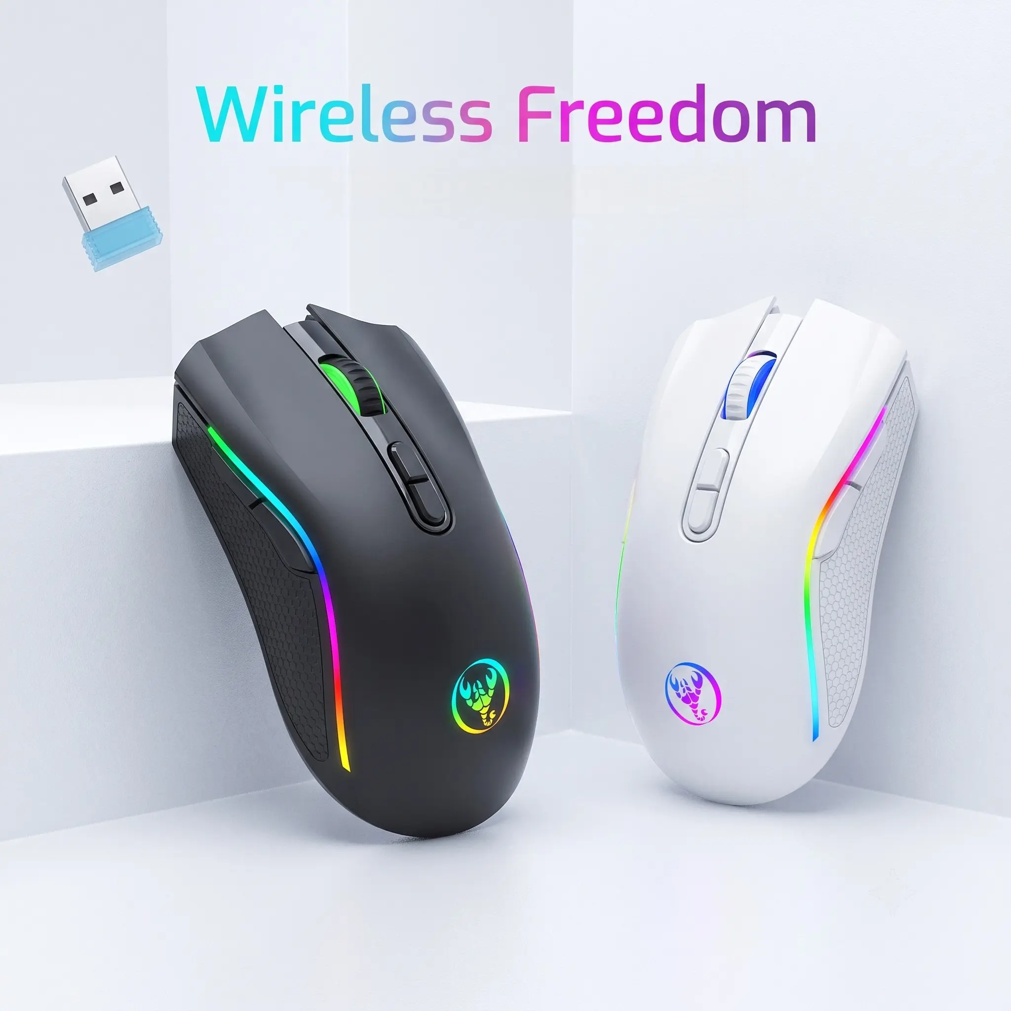 Hxsj RGB Wireless Mouse 2.4g USB Rechargeable, Silent Optical Mouse for PC Gaming Office, Comfortable Design