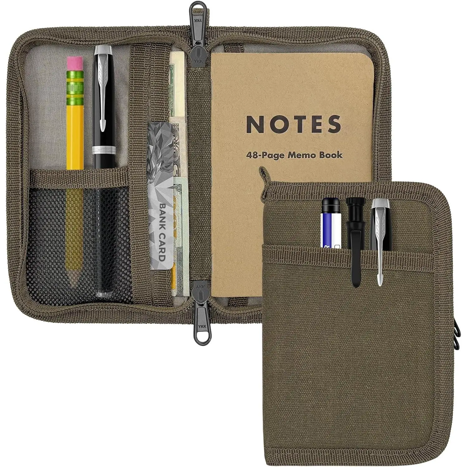 Journal Cover for Field Notes & Moleskine Cahier with YKK Zipper, 3.5"x5.5" Waxed Canvas Notebook Cover with Pen Holder, Water Resistant Travel Planner Cover for Daily Use (Olive Brown)