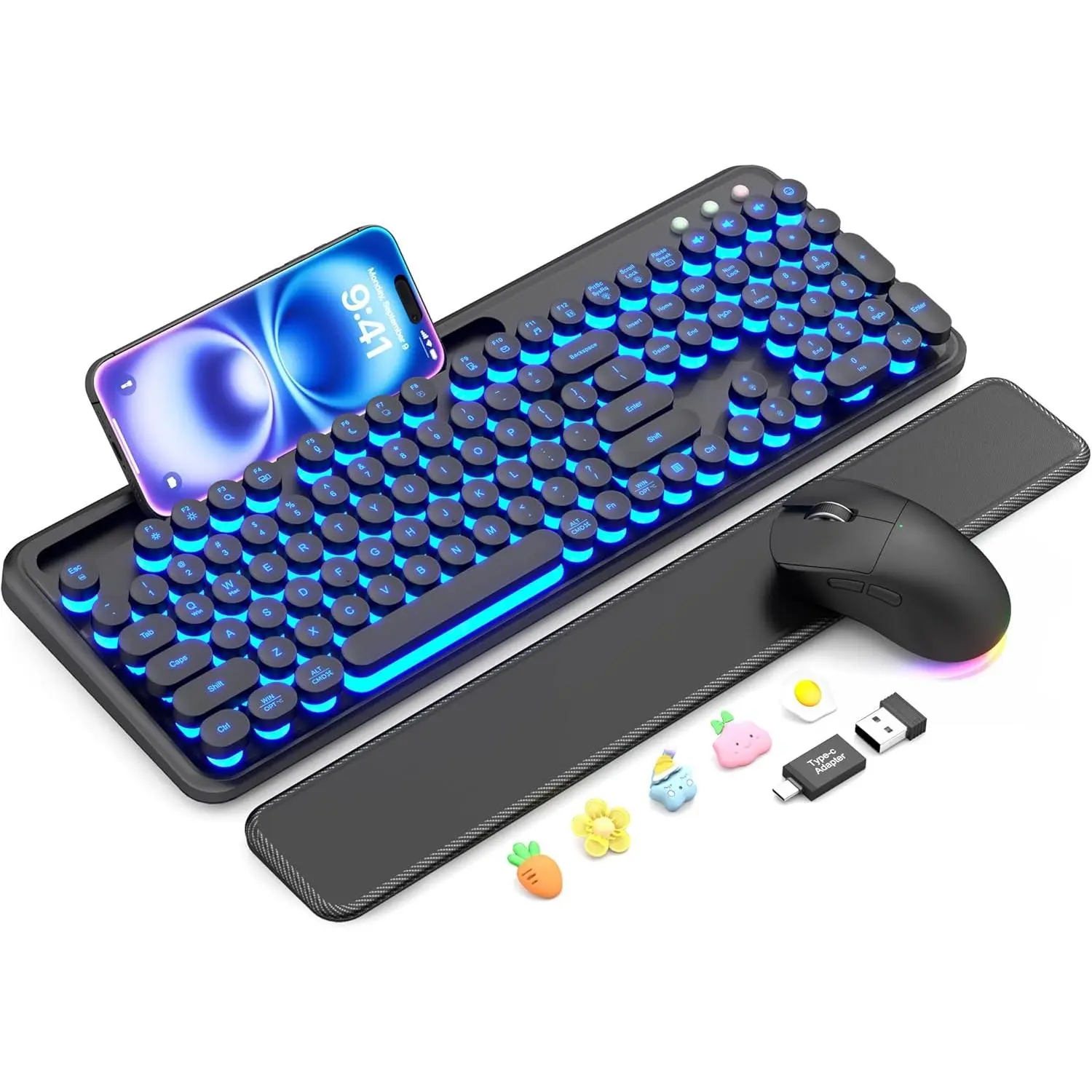 Wireless Keyboard and Mouse Combo - Backlit Typewriter Keyboard with Magnetic Wrist Rest & Phone Holder, Light Up Round Keycaps, 2.4GHz Cordless Set for Mac, Windows, PC, Laptop, SABLUTE
