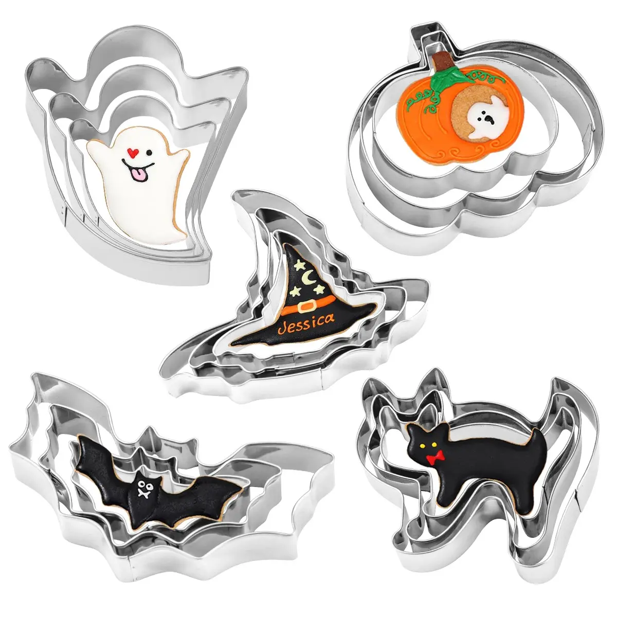 Halloween Cookie Cutter Set, 5-Piece Stainless Steel Mold, Ghost Pumpkin Witch Hat Bat Cat, Perfect for Baking and Fondant Decoration