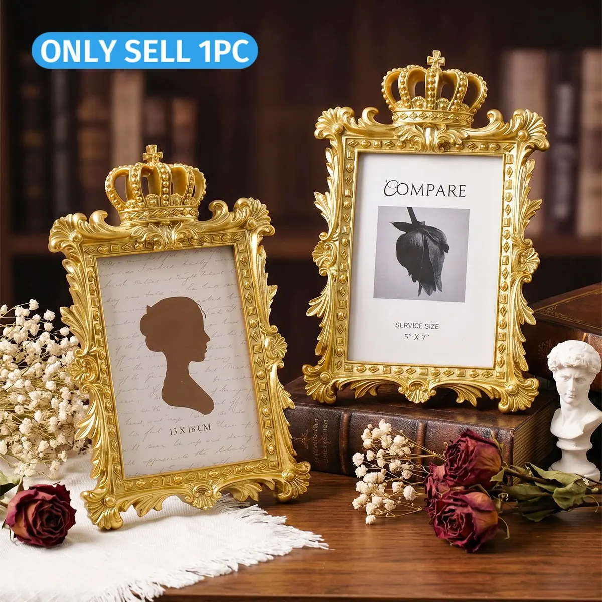 Rococo Gold Crown Frame, Baroque Scroll Photo Stand, Photo Frames, Decorative Wall Art, Desktop & Hanging Mount, Luxury Home Décor Gift