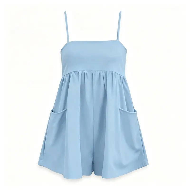 2026 Summer Women Spaghetti Strap Romper Jumpsuit, High Waist Loose Wide Leg Short Playsuit with Side Pockets, Soft Comfy Sleeveless Casual Outfit for Loungewear Daily Outdoor Wear