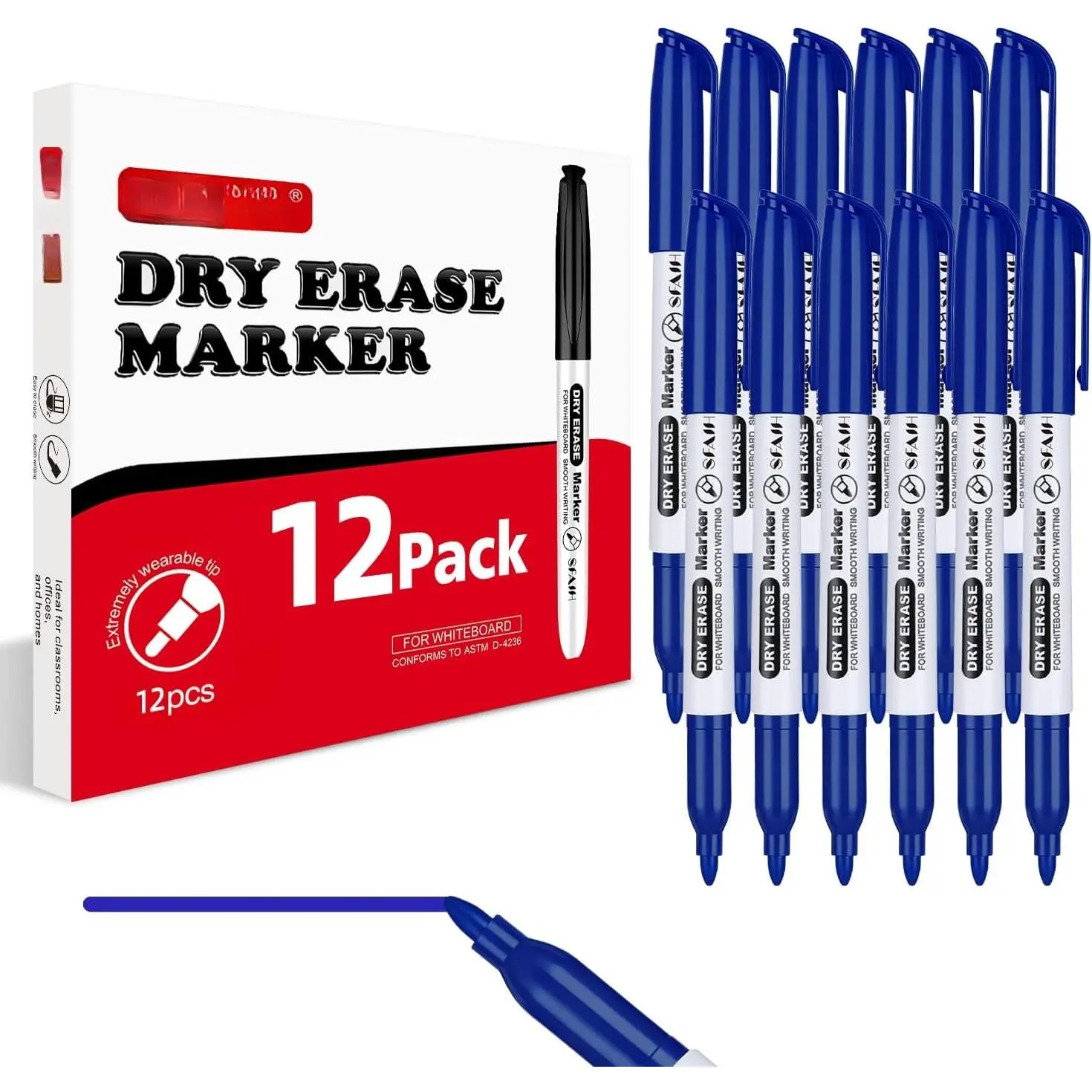 Blue Dry Erase Fiber Tip Markers - 12 Pack Fine Tip Whiteboard Markers, Low Odor, Smooth Write, Easy Clean for Teachers/Teams, Brainstorming & Visual Planning