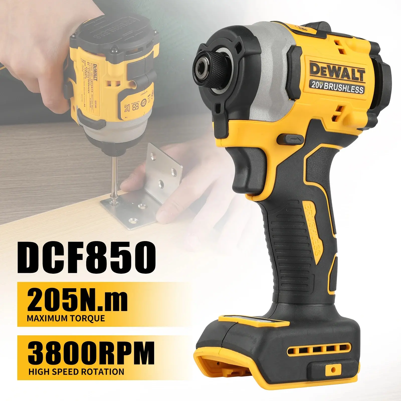 DCF850 Brushless 20V Rechargeable Lithium Drill - Cordless High-Torque Impact Wrench Power Tool Work Kit, Included Tool Bag for Heavy-Duty Hardware Tasks